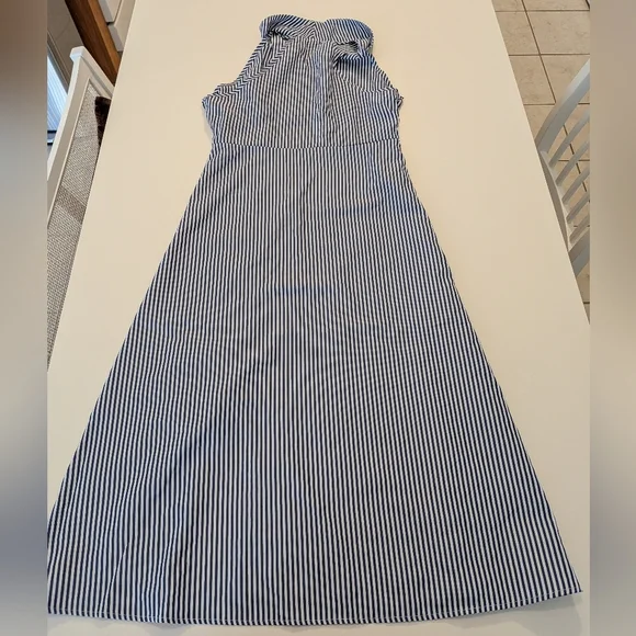 Rihoas Blue White Striped Halter Maxi Dress Collared Wrap Bodice Slit Size L - Picture 2 of 9